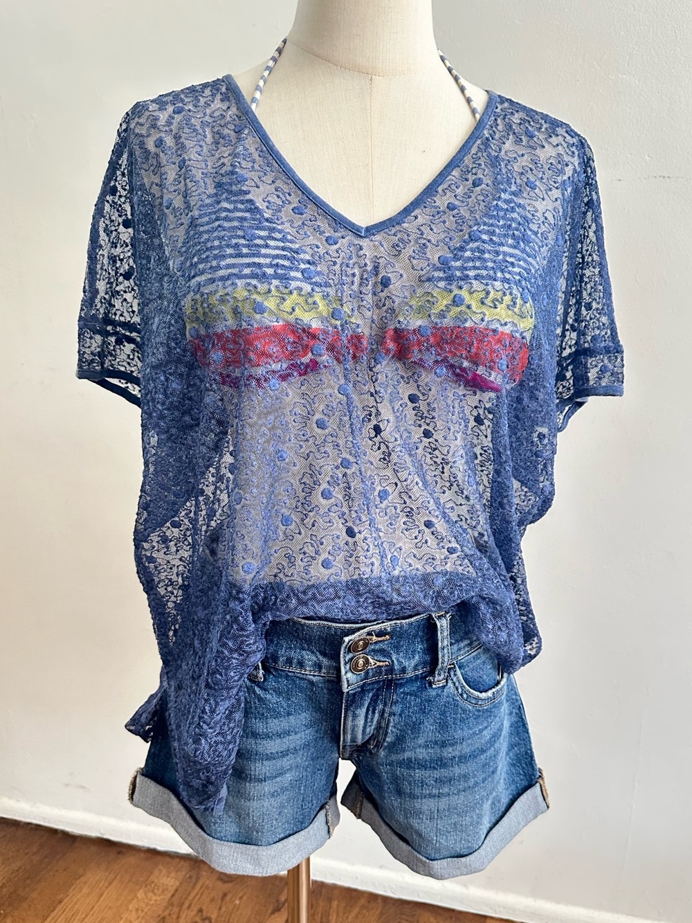 POL Blue Sheer Lace Beach Coverup Boho Mesh Tunic Top L